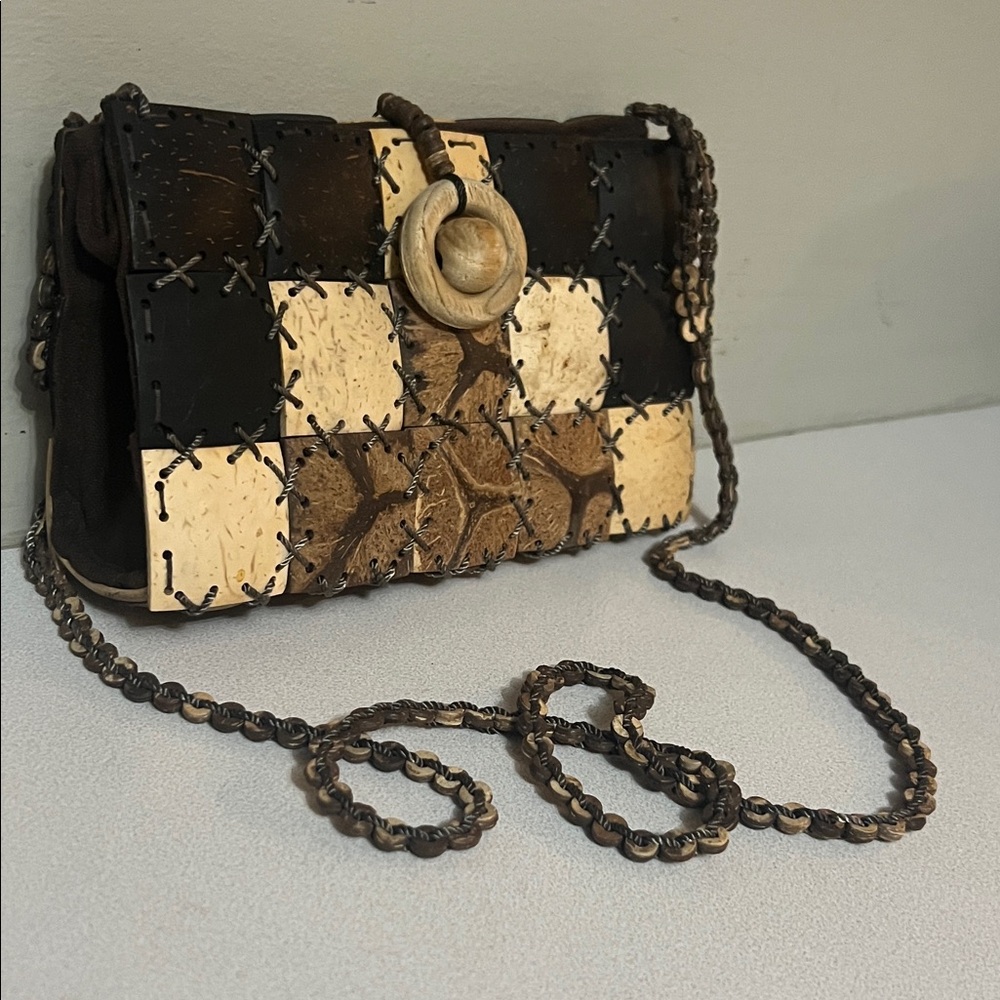 Handcrafted brown and Cream Patchwork Bag made from a coconut Thailand